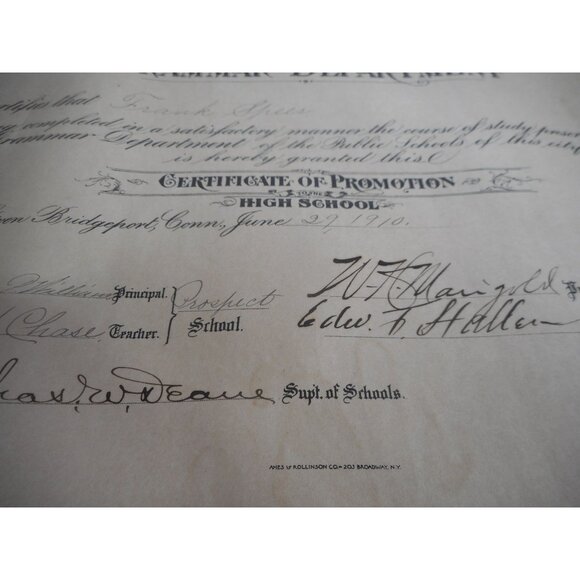 Grammar Department Certificate Graduation Speer Unframed 1910 Bridgeport CT - Picture 4 of 4